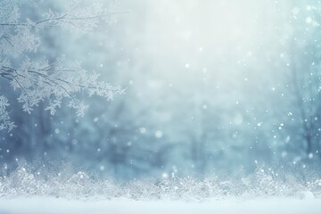 winter and christmas snowy background with snowdrifts and snow-covered blur forest. cold winter time, generative ai