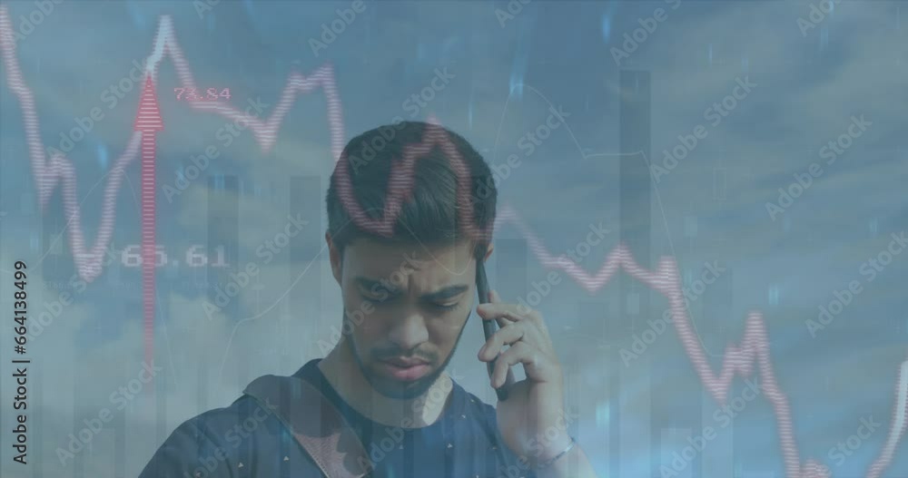 Poster animation of red line financial data processing over biracial man on smartphone