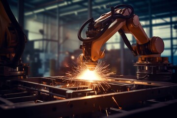 Automated welding arm for factory assembly line. Vehicle production. Robotized manufacturing process. Generative AI