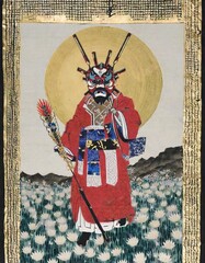 ancient Japanese scroll full color sun, against the landscape is and old man dressed as an alchemist with robes with an oni mask, the shot is a wide shot, and the sun is in the middle upper side
