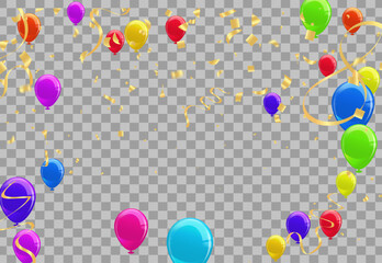 Colorful birthday balloons, pennants, tinsel and confetti on sky background with space for text. eps.10