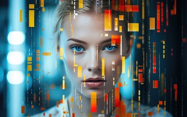 Gorgeous woman is seen through screen with code