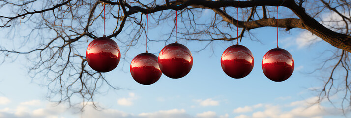 Christmas Decorations -red  balls - ornaments - outside on tree - extreme blue sky backdrop - wide shot - holiday decorations - festive 