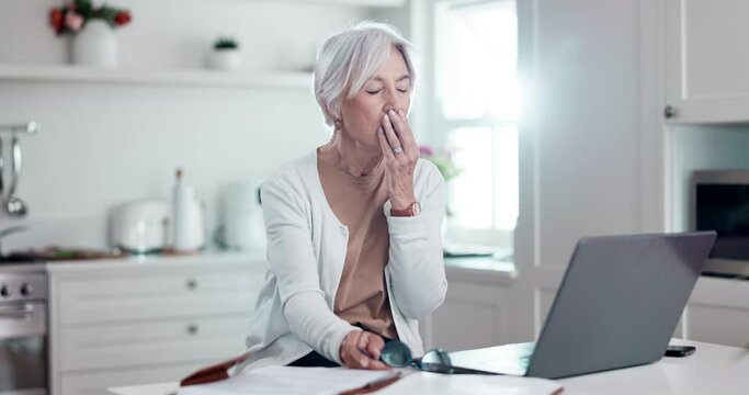 Senior woman, home laptop and tired for online research, pension funding application or registration process. Elderly person with depression, yawn or fatigue on computer planning retirement or assets