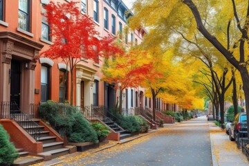 Fototapeta na wymiar Scenic street with autumnal trees, charming architecture in Chelsea, NYC. Generative AI