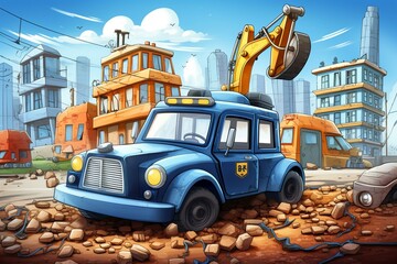 Humorous cartoon of a city police car driving past a construction site for children. Generative AI - obrazy, fototapety, plakaty