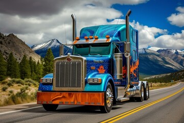 vibrant USA truck route. Generative AI - obrazy, fototapety, plakaty