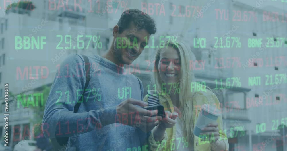 Poster animation of financial data processing over caucasian people using smartphone