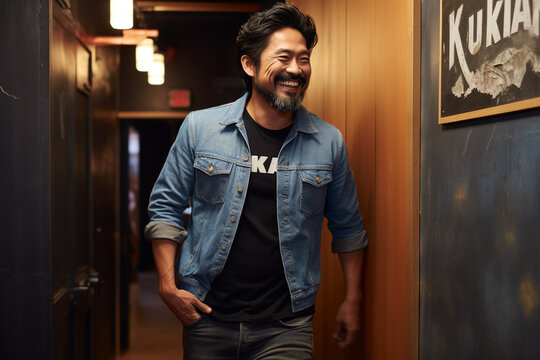 Asian man in denim shirt top standing in company hallway with arm in arm smiling