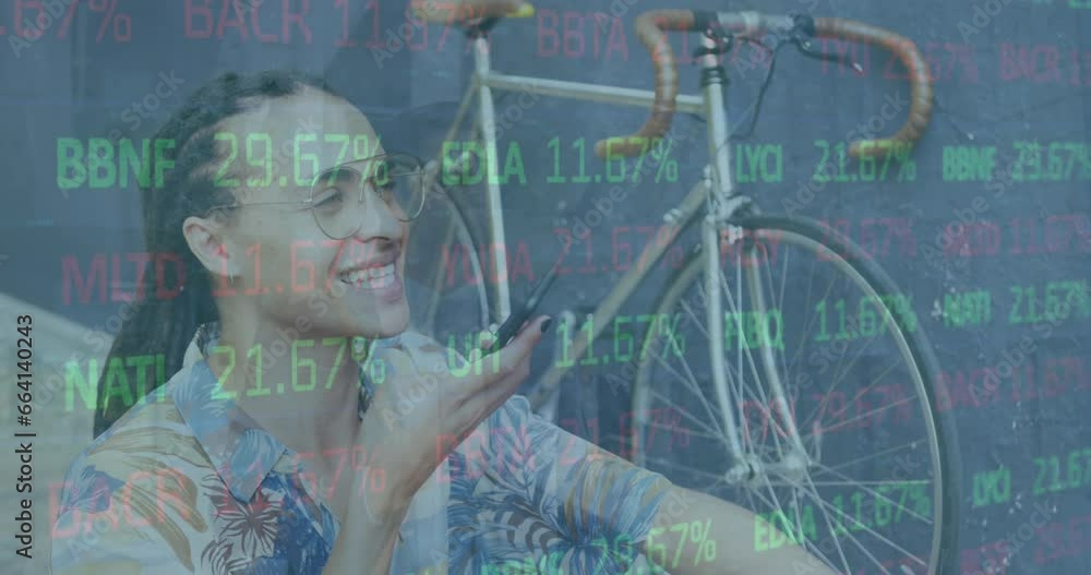 Poster animation of financial data processing over biracial smartphone using smartphone