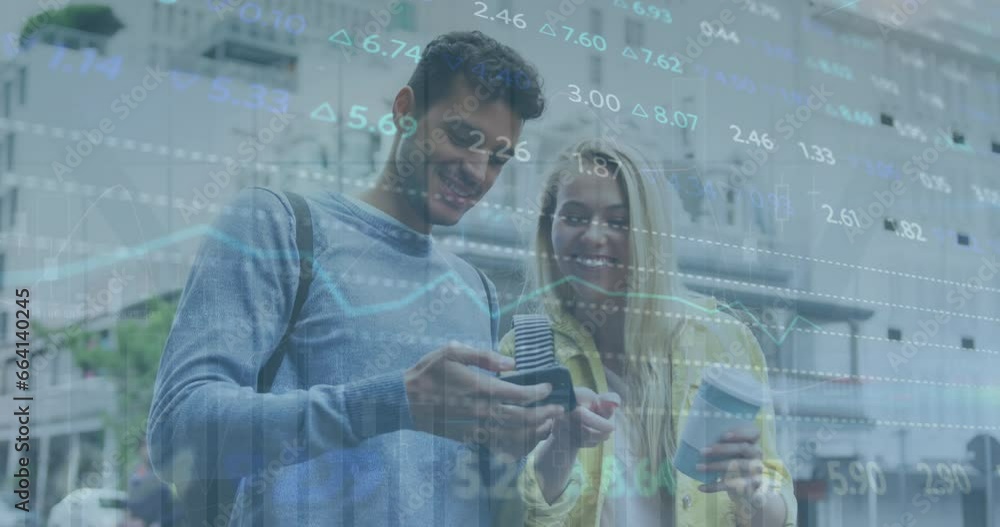 Poster animation of financial data processing over caucasian people using smartphone