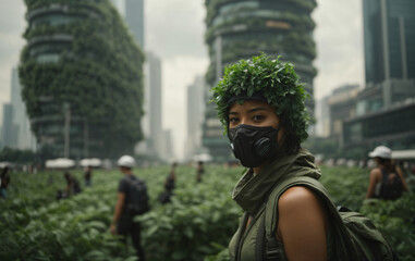 Uma mulher em meio a uma natureza diat&oacute;pica, o que parece ser um tipo de planta&ccedil;&atilde;o voluntaria