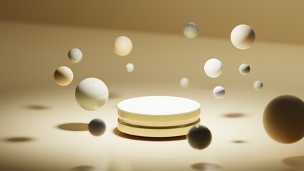 Bright podium in a cream room surrounded by flying balls 3D rendering