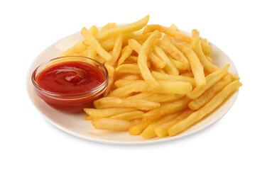 Plate of tasty french fries with ketchup isolated on white