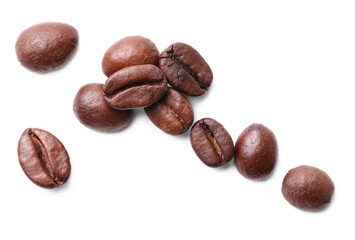 Many roasted coffee beans isolated on white, top view