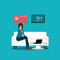 Design flat illustration about a person that check out in online shop using credit card