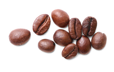 Many roasted coffee beans isolated on white, top view