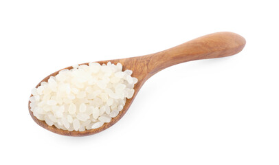 Fototapeta na wymiar Spoon with raw rice isolated on white