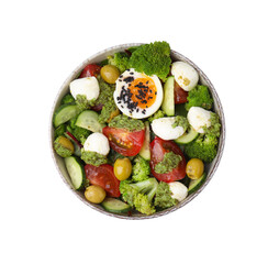 Delicious salad with pesto sauce in bowl isolated on white, top view