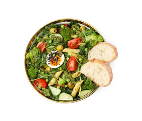 Delicious salad with pesto sauce in bowl isolated on white, top view