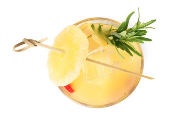 Pineapple cocktail with rosemary isolated on white, top view