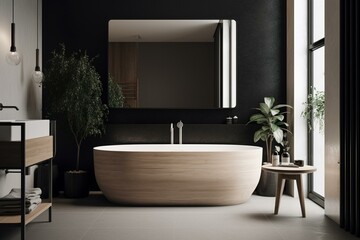 Modern interior decor featuring a sleek Scandinavian bathroom design. Generative AI
