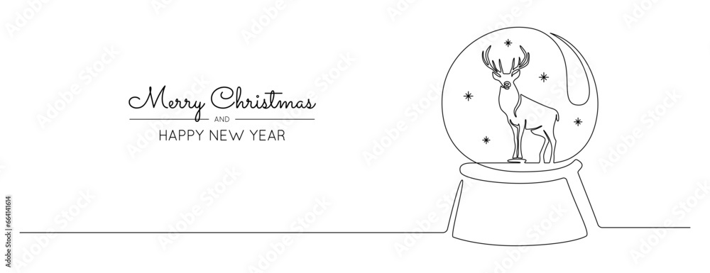 Aufkleber one continuous line drawing of christmas snow globe with reindeer. magic glass ball for winter xmas 