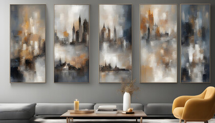 A collection of designer oil paintings. Decoration for the interior.