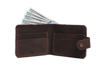 Stylish brown leather wallet with money isolated on white