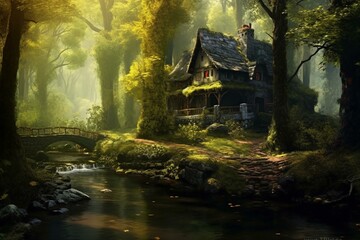A solitary cottage in a forest, enclosed by thick foliage and a nearby brook, establishing comfort and tranquility. Generative AI