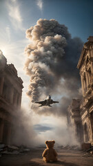 urso de pel&uacute;cia sobre escombros de uma guerra, com um avi&atilde;o ca&ccedil;a de fundo.