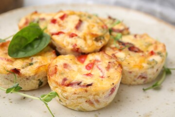Freshly baked bacon and egg muffins with cheese on plate, closeup