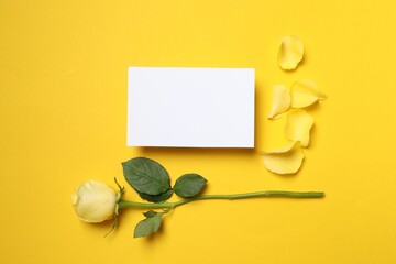 Beautiful rose, petals and blank card on yellow background, flat lay. Space for text