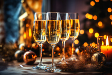 Glasses of champagne on the background of the Christmas tree and fireplace