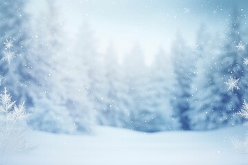 winter and christmas snowy background with snowdrifts and snow-covered blur forest. cold winter time, generative ai