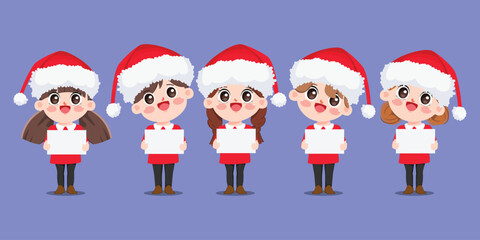 Cute little children wearing Santa Claus uniform and holding blank placard for text message or card.