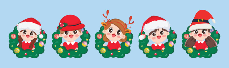 Obraz na płótnie Canvas Group of happy children peeking head from christmas wreath decoration.