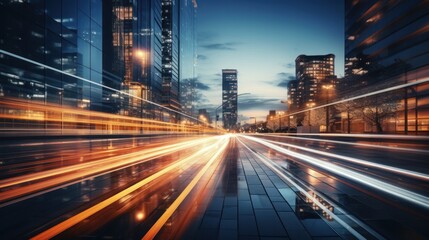 Light trails on the modern building background. Light trails at night in urban environment, Abstract Motion Blur City, traffic, transportation, street, road, speed.