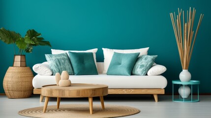 Rustic Round Coffee Table, White Sofa, and Turquoise Wall in Scandinavian Home Interior Design, Modern Living Room