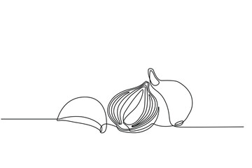 garlic and onion slices in continuous line art drawing style. Single line concept of garlic and sliced red onion in doodle style on white background. Vector