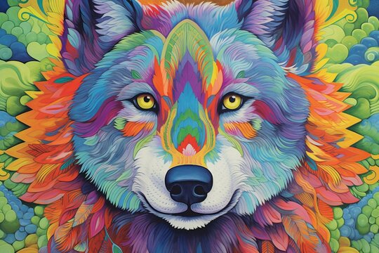 Artwork of wolf with vibrant eyes and mesmerizing patterns, depicting no specific location or occurrence. Generative AI