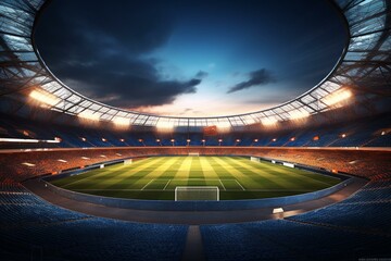 3D illustration of illuminated soccer stadium at dusk. Generative AI - obrazy, fototapety, plakaty