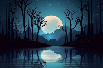 Mysterious scene with silhouettes of trees, water, big moon, and neon light. Dark forest background. Generative AI