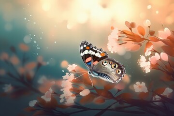 artistic butterfly and blooming glade spring background. Generative AI - obrazy, fototapety, plakaty