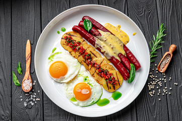 Breakfast with sausages, eggs and potatoes with vegetable salsa and Golan sauce