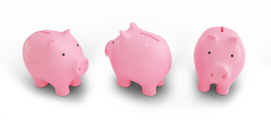 set of pink piggy banks isolated on transparent background. savings concept. Generic Piggy Bank, Penny Bank, Money Box. 3d rendering