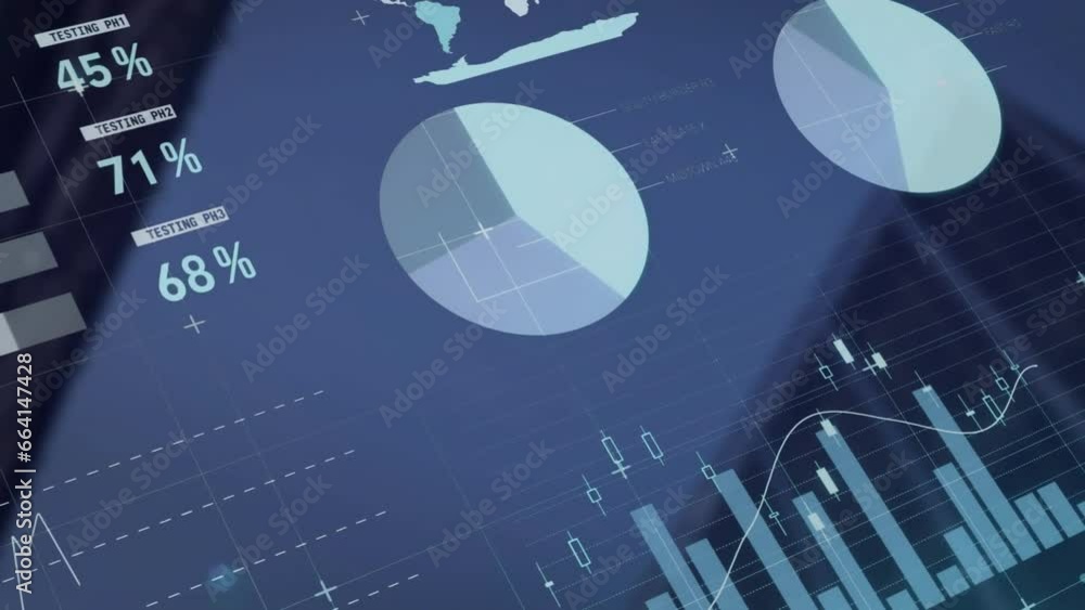 Poster animation of statistical data processing against low angle view of tall buildings