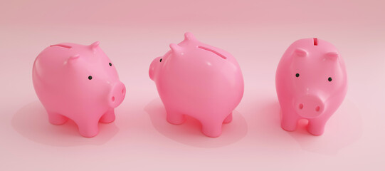 set of pink piggy banks over pink background. savings concept. Generic Piggy Bank, Penny Bank, Money Box. 3d rendering