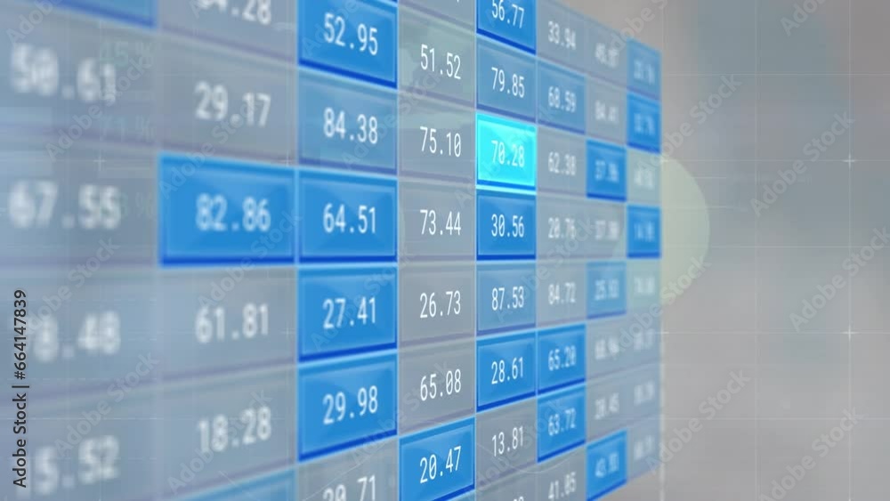 Poster animation of statistical and stock market data processing against grey gradient background