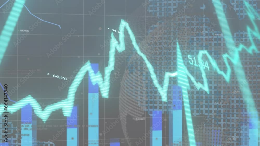 Poster Animation of statistical and financial data processing over spinning globe against grey background